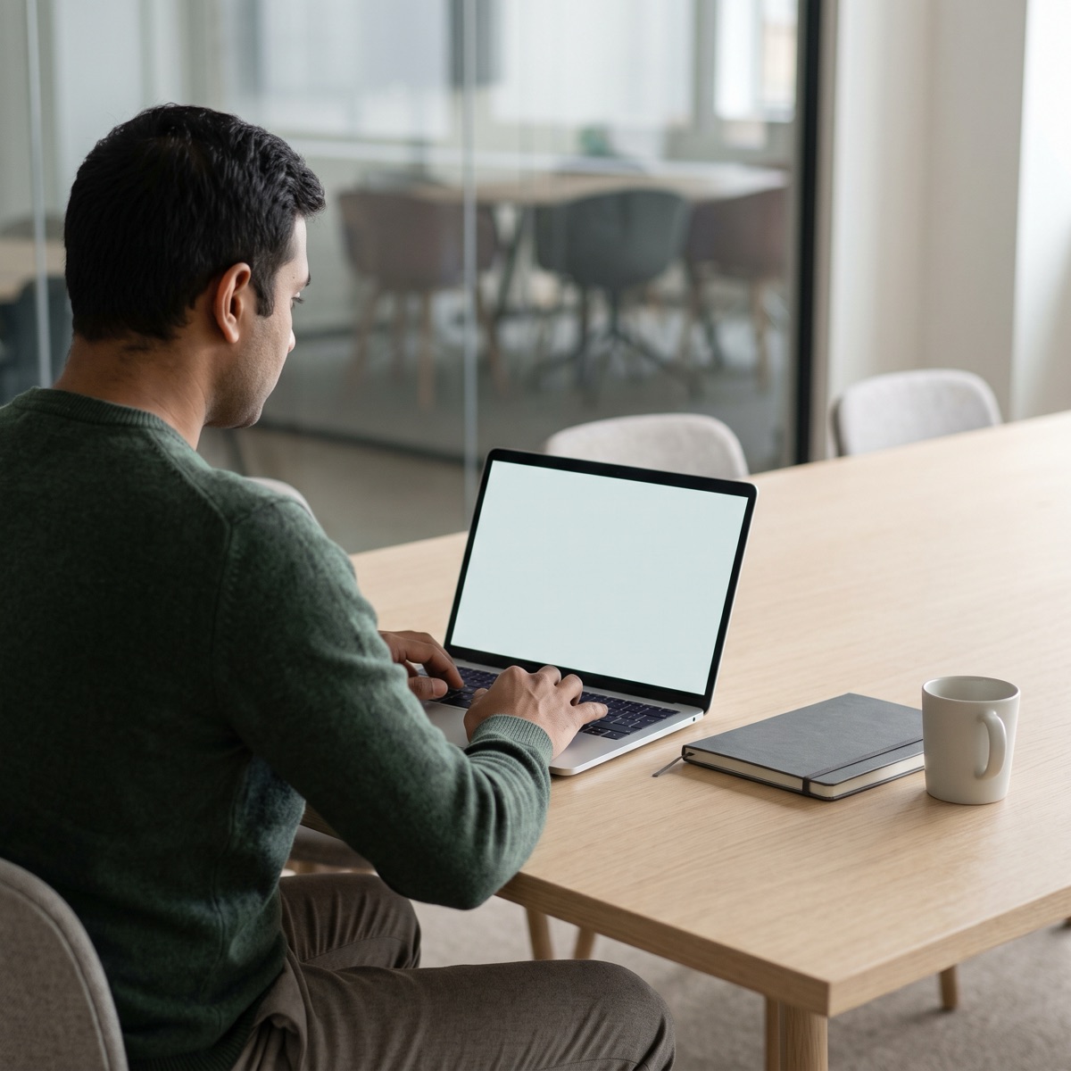 A person working at an open laptop on a pale oak table in a quiet meeting room, seen from behind, with a second meeting room softly out of focus through a glass wall.