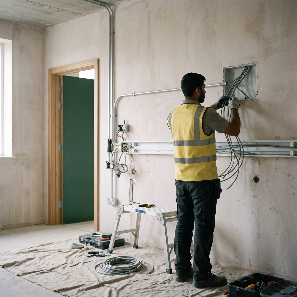 An electrician feeding cable into a recessed back box on a bare plastered wall, with metal conduit and trunking running across it, a step ladder, a coil of cable and a dust sheet on the floor.