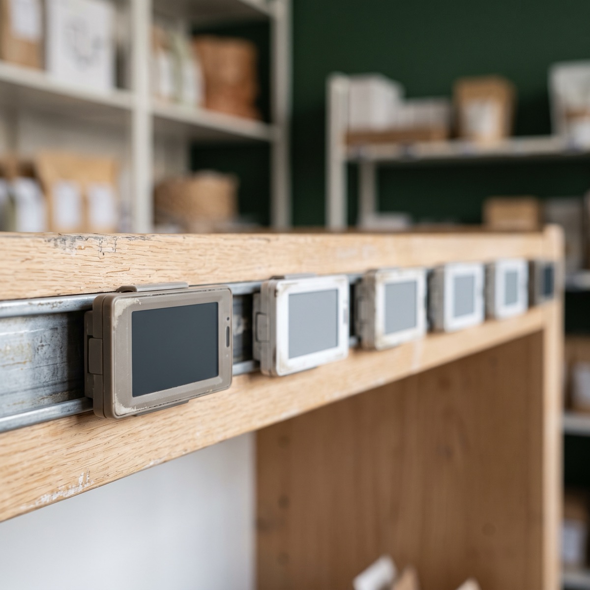 A row of small electronic shelf-edge display tags clipped along a worn wooden shelf, their screens blank, clearly long in service but orderly.