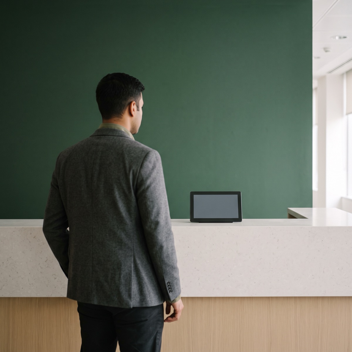 A visitor standing at an unattended corporate reception desk in a bright lobby, seen from behind, waiting at a bare stone counter in front of a deep green feature wall.