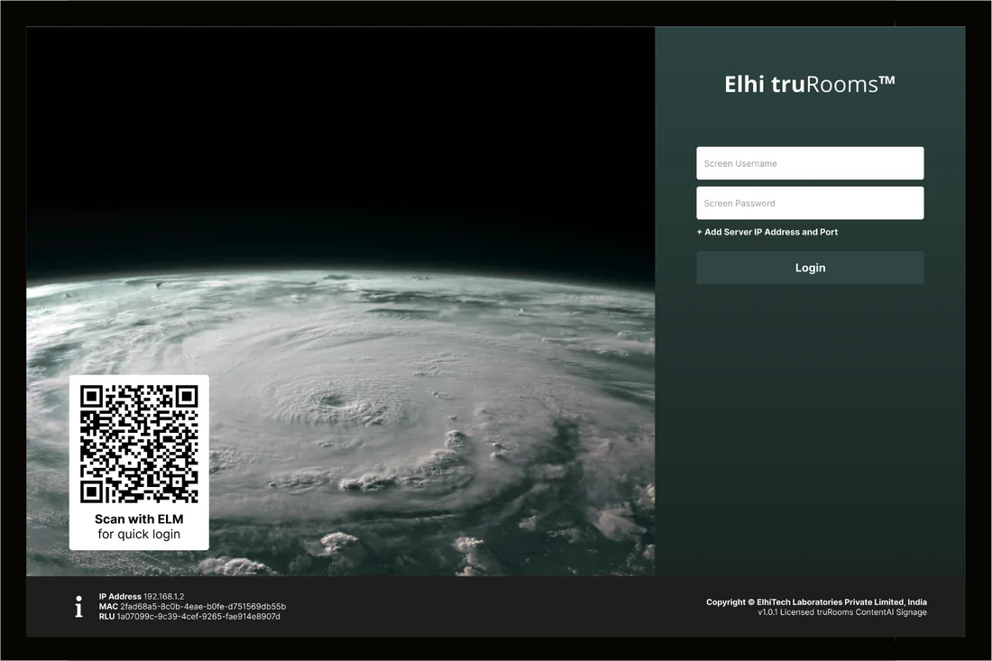 A ContentAI signage screen at its login, showing the truRooms ContentAI player with a QR code to sign in from the ELM app.