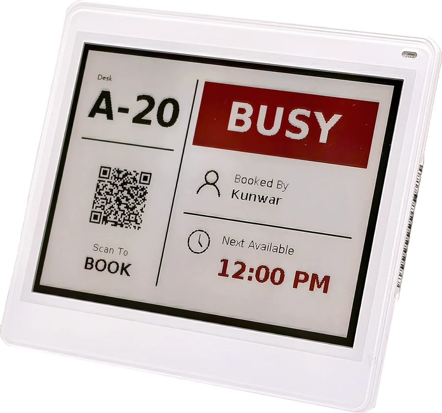 A truink hotdesk tag on desk A-20, showing BUSY, booked by Kunwar, next available 12:00 PM, with a QR code to scan and book.
