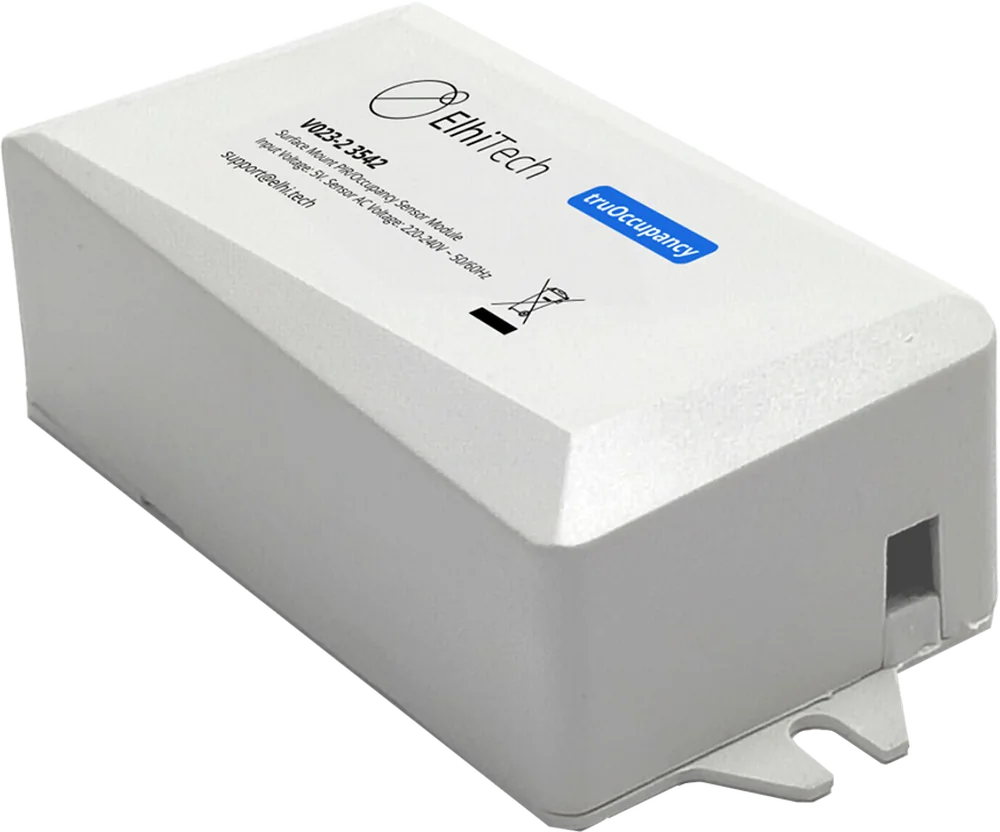 A truOccupancy surface-mount PIR sensor module, a small white enclosure carrying the ElhiTech and truOccupancy marks.