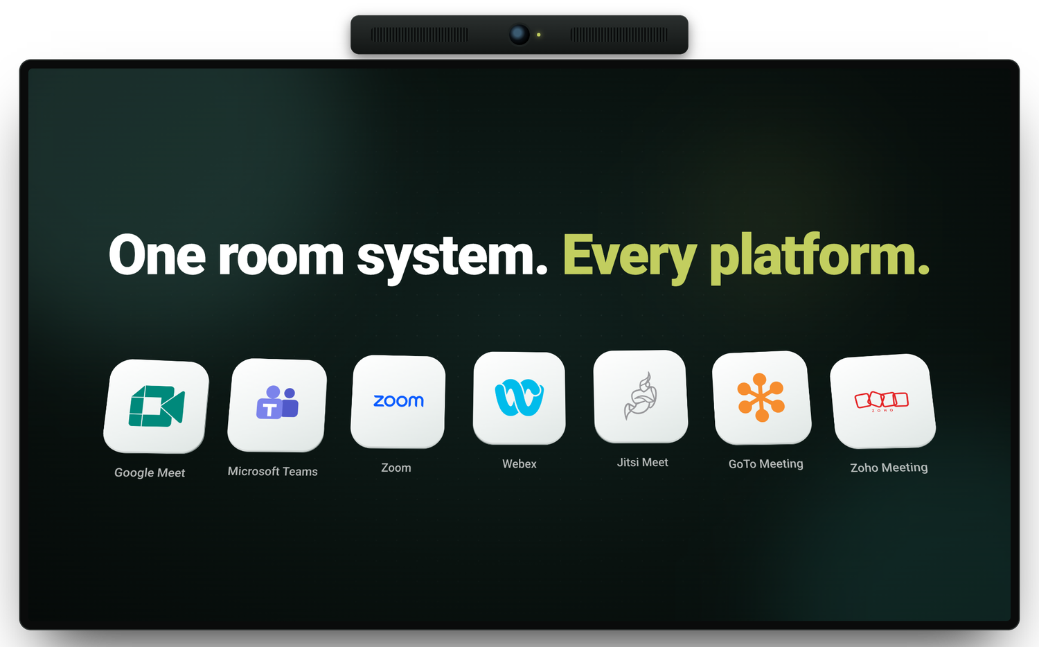 The room TV, under its camera bar, showing the truRooms Connect film title and the meeting platforms it joins.